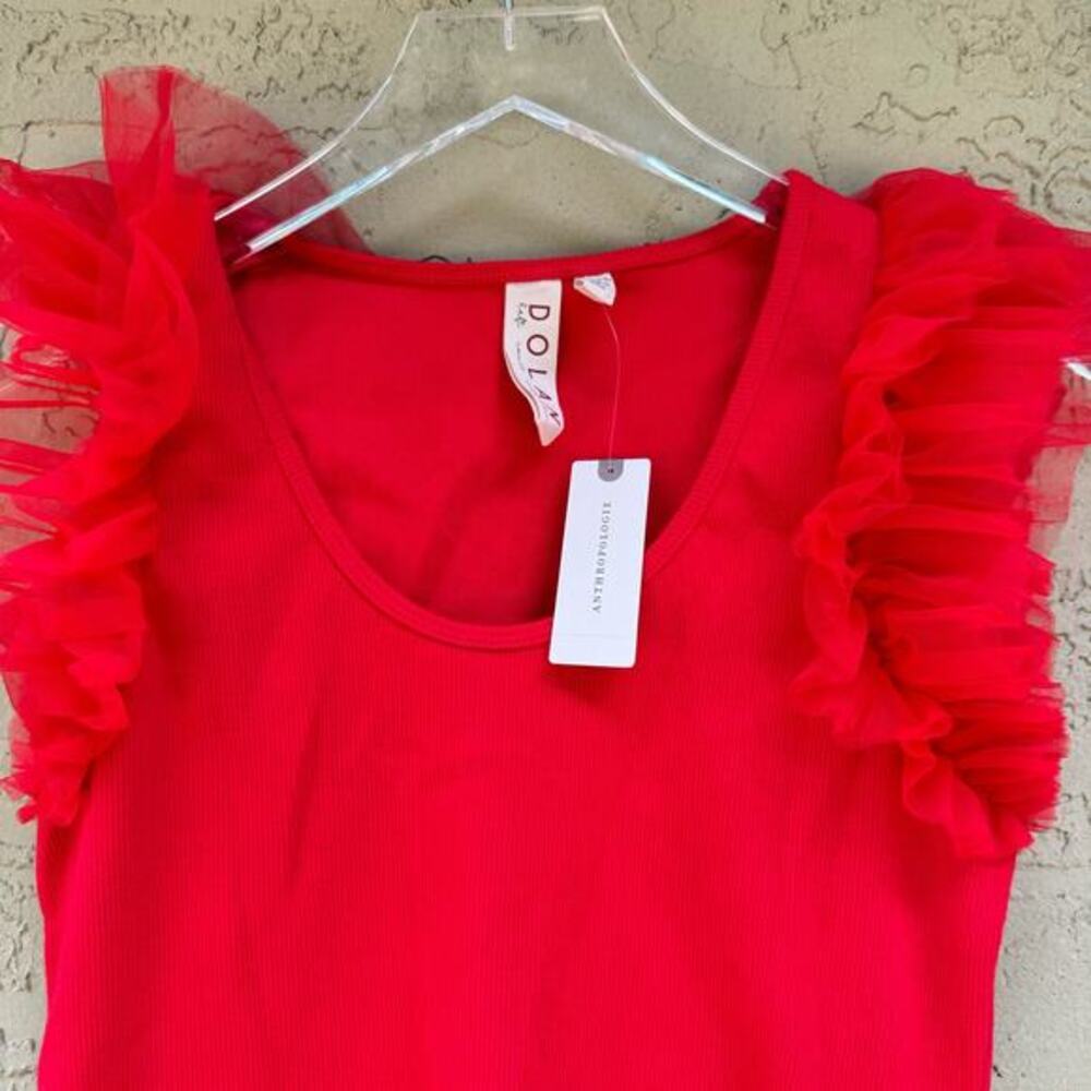 Anthropologie Dolan Tank Top Red NWT Size XS Tulle Sleeve Ruffles Sleeveless - Picture 3 of 8